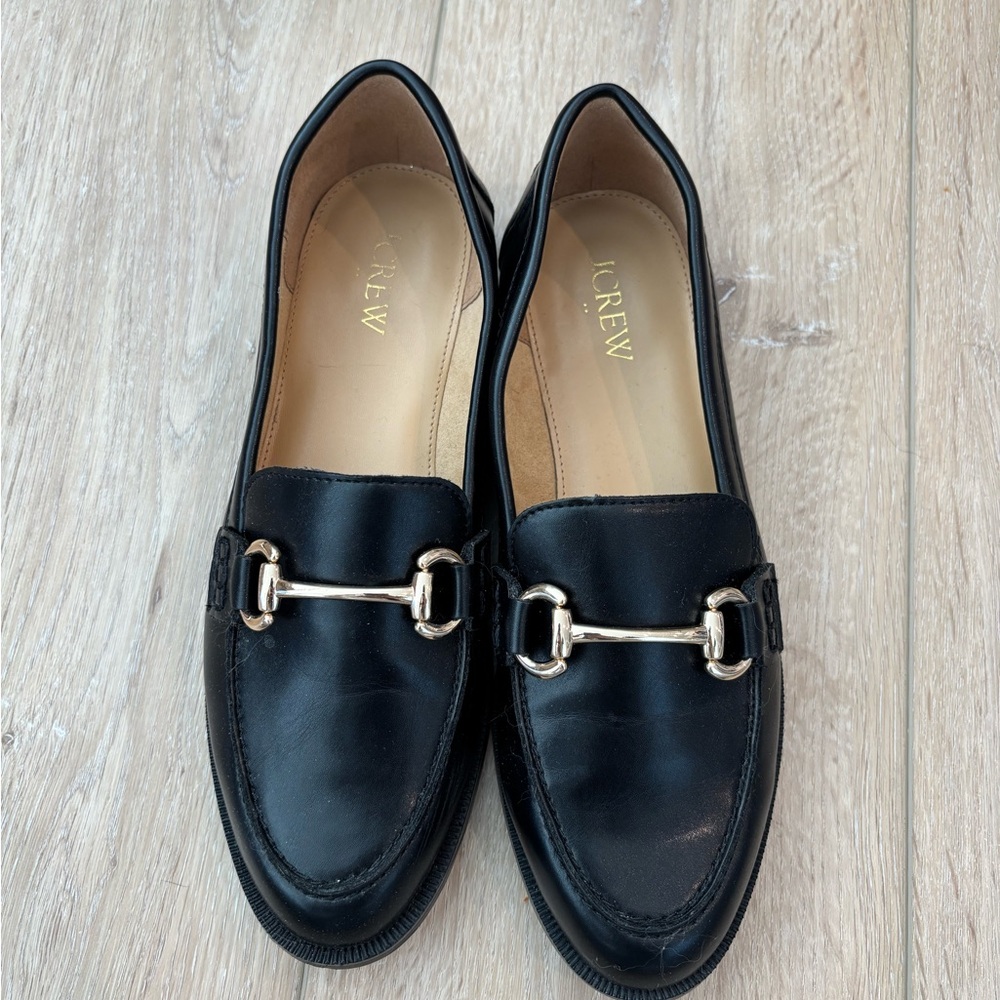 J. Crew Black Leather Loafers with Gold Accent